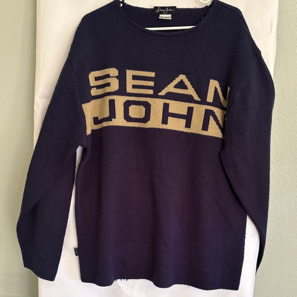 Sean John Navy and Tan Crewneck Sweater